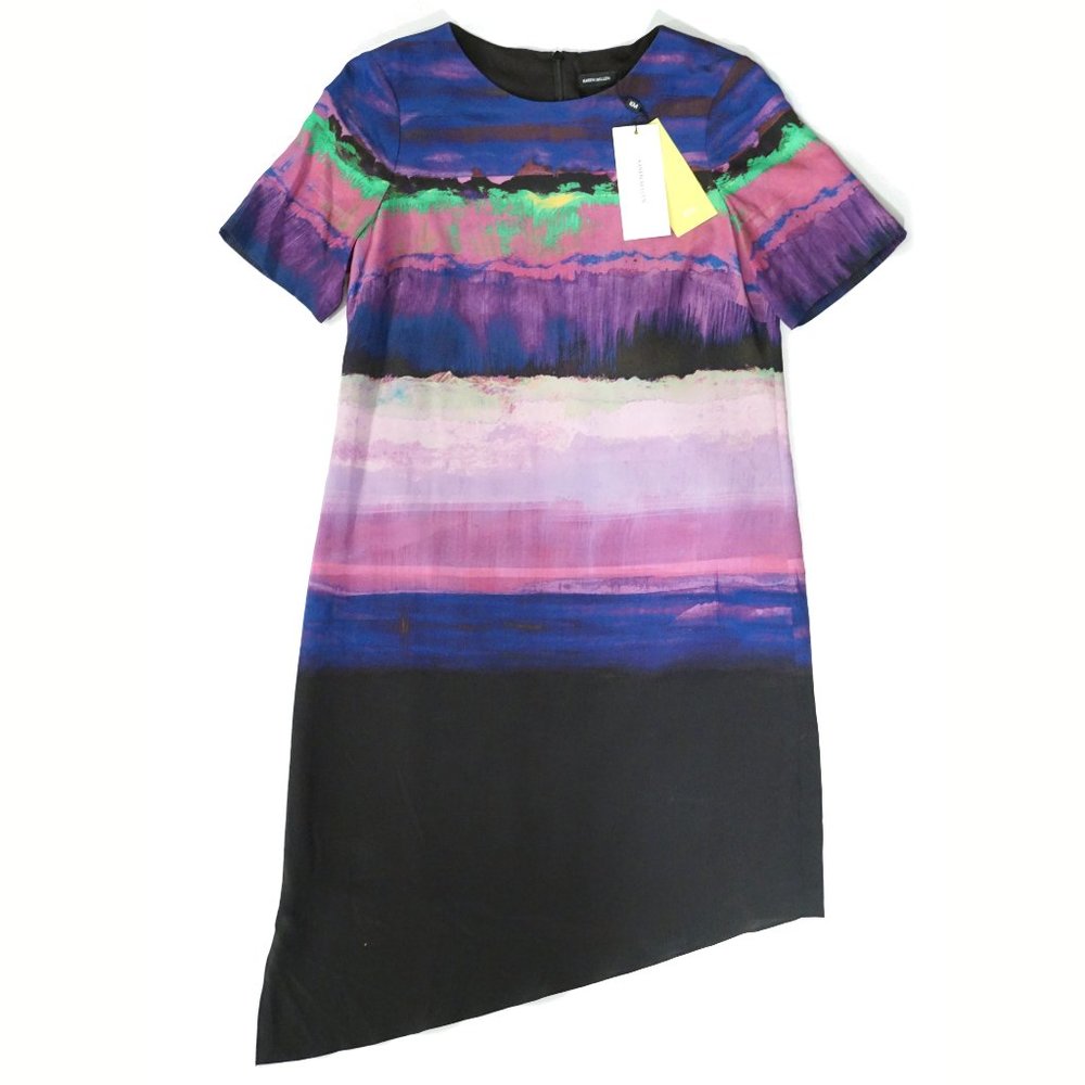 Karen Millen Silk Dress Watercolor Design Purple Lilac Orchid Black Small